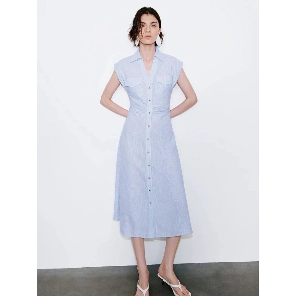 Blue White Striped Cap Dolman Sleeve Button Front Midi Shirt Dress Womens Medium